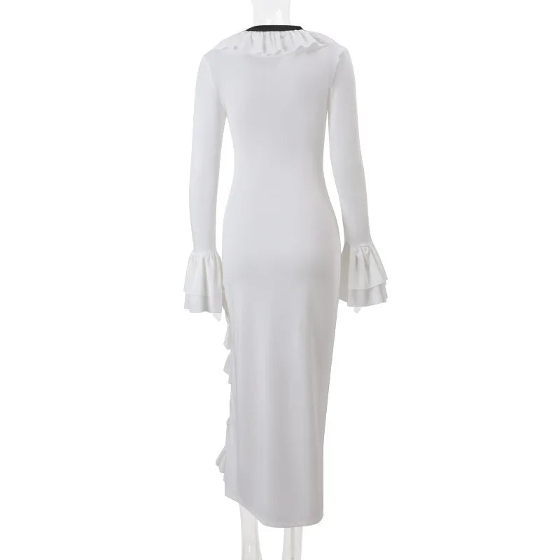 Long Sleeved Ruffled Slit Maxi Dress for Women Mssaz Desses