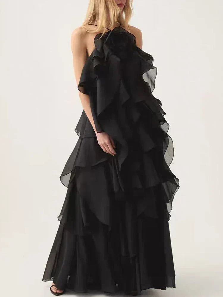 Halter 3D Flower Flounce Irregular Loose Maxi Dress Mssaz Desses