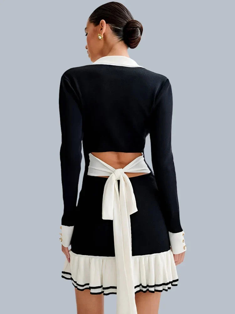 Ruffled Contrast Bow Open Back Lace-Up Knit Mini Dress Mssaz Desses