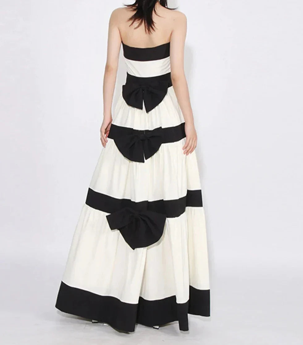 Colorblock Patchwork Bow Strapless Long Dress Mssaz Desses