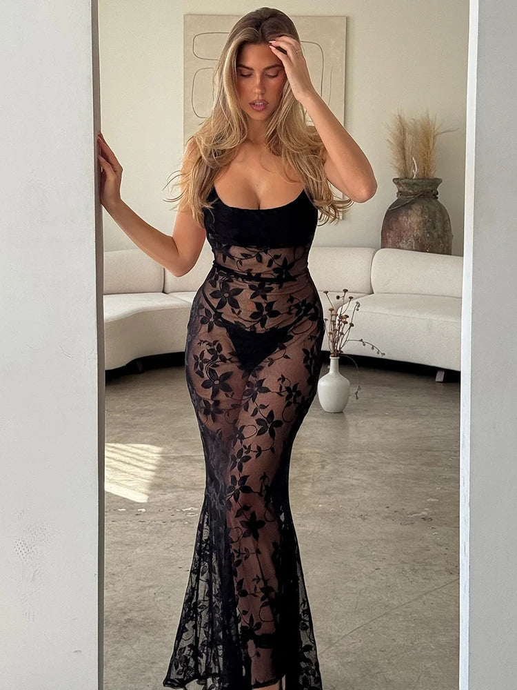 Black Sheer Floral Maxi Dress Mssaz Desses