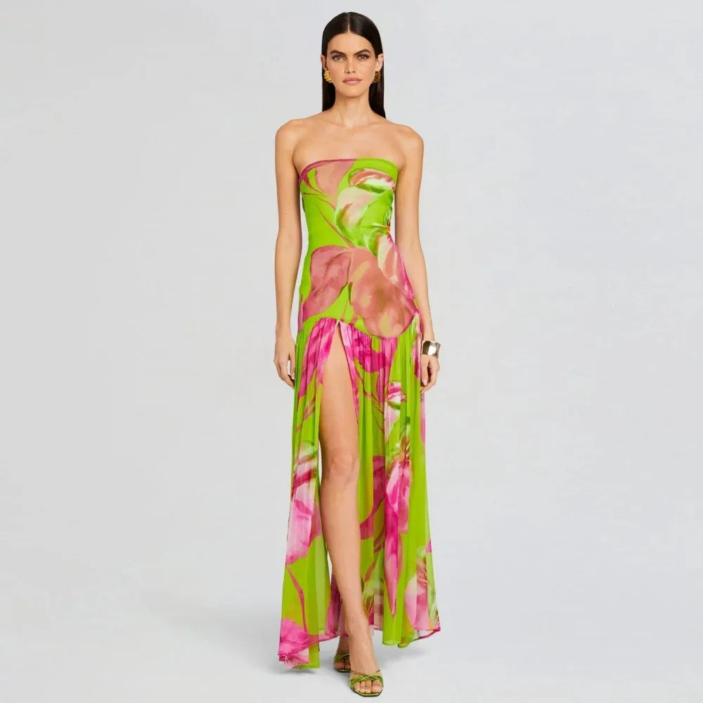 Strapless Retro Print Split Long Dress Mssaz Desses