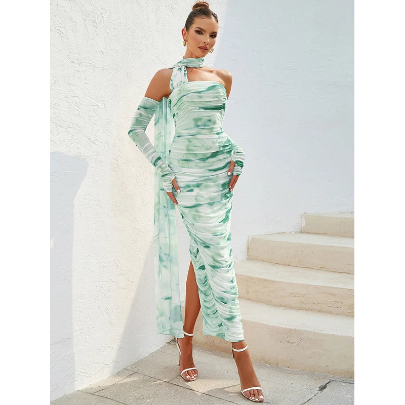 Halter Open Shoulder Printed Lace Fold Midi Dress Mssaz Desses