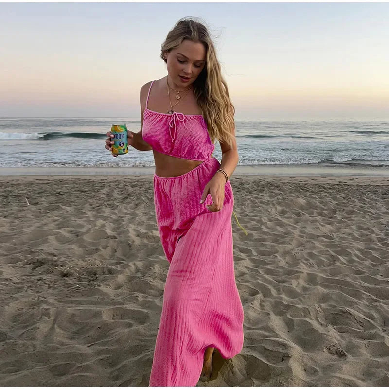 Lace Up Solid Color Open Back Long Dress Mssaz Desses