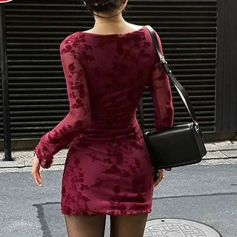 Wine Red Print Long Sleeves Knitted Dress Mssaz Desses