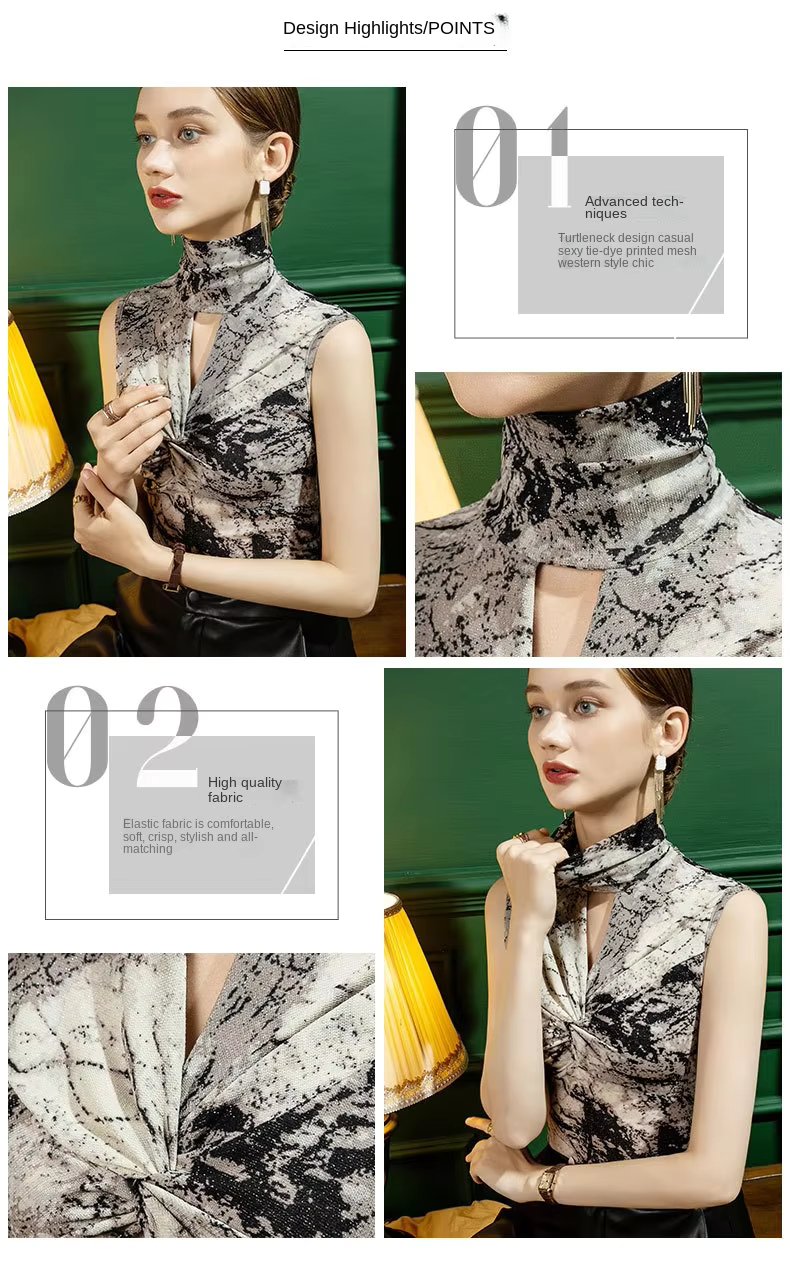 High-Neck Pattern Mesh Hollow Cross Bottoming Bright Silk Printed Sleeveless Top Mssza