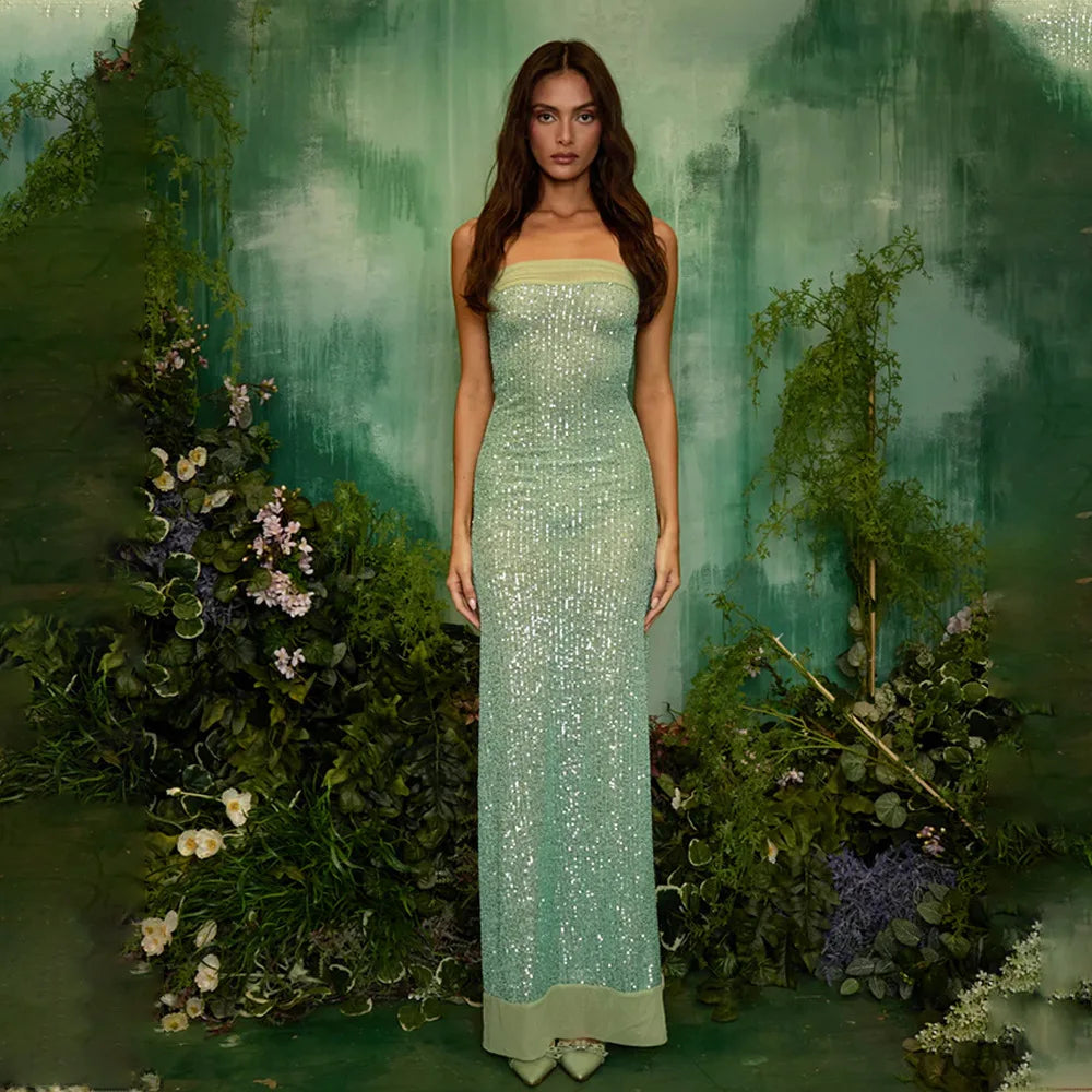 Strapless Sequin Slit Backless Dress Mssaz Desses