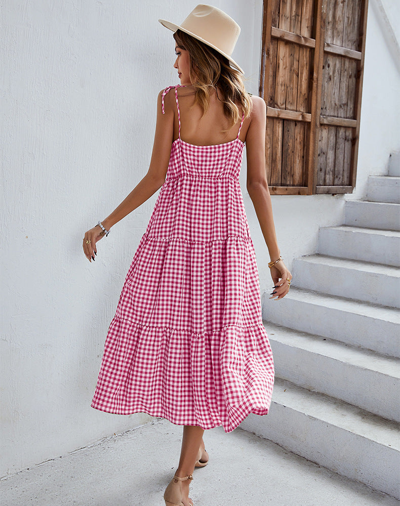 Boho Plaid Backless Casual Ruffles Party Beach Sundress Mssaz Desses
