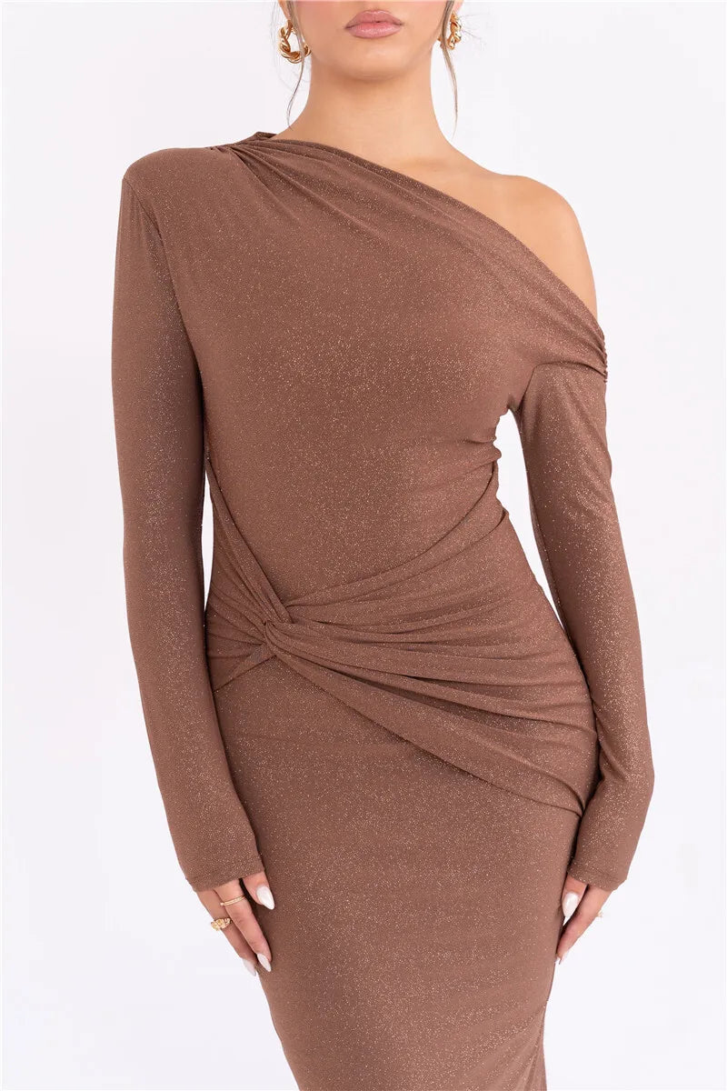 Long Sleeve Inclined Shoulder Maxi Dress Mssaz Desses