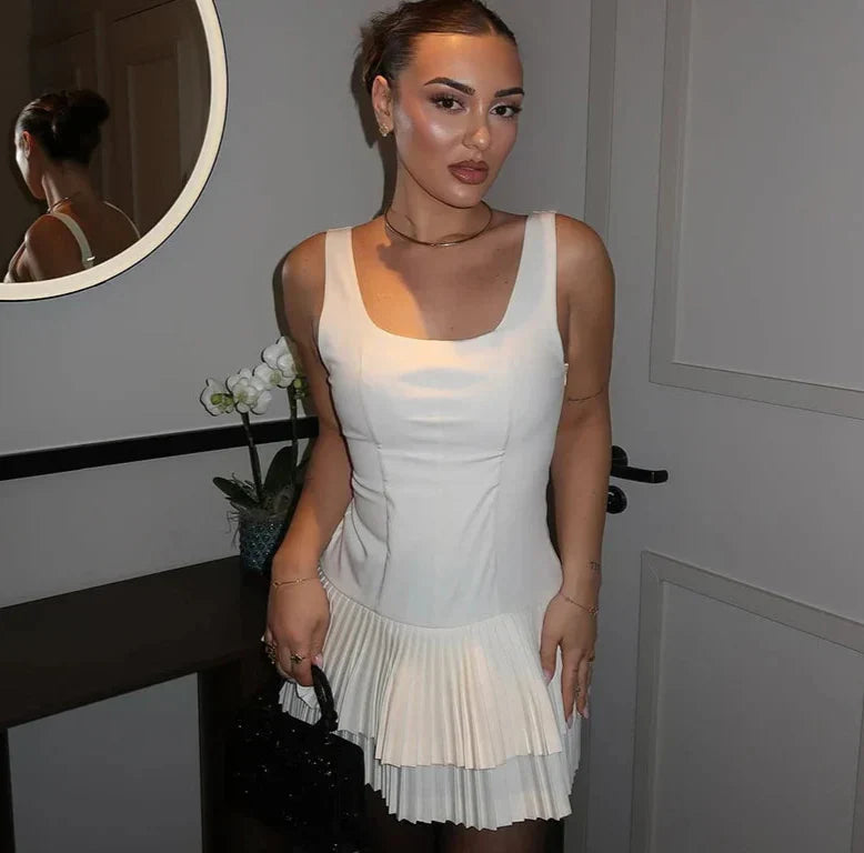 Square Collar Sleeveless Pleated Short Dress Mssaz Desses