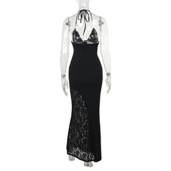 Deep V Halter Backless Maxi Party Dress Women Mssaz Desses