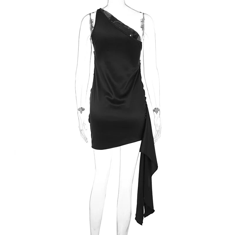 Satin Sleeveless One Shoulder Ribbon Mini Dress Mssaz Desses