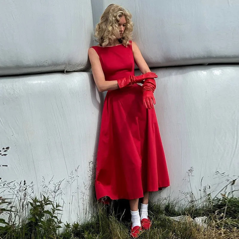 Straight Neck Sleeveless Flare Midi Dress Mssaz Desses