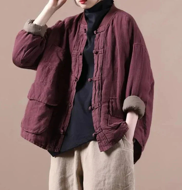 Quilted Ethnic Style Cotton And Linen Coat Mssaz Desses