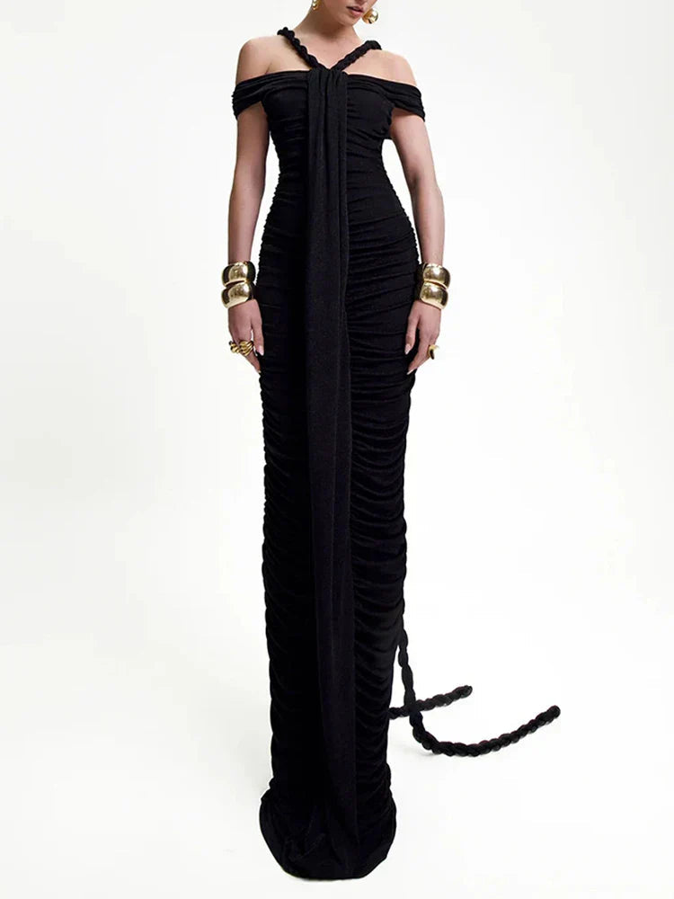 Slash Neck Pleated Braid Ribbon Long Dress Mssaz Desses