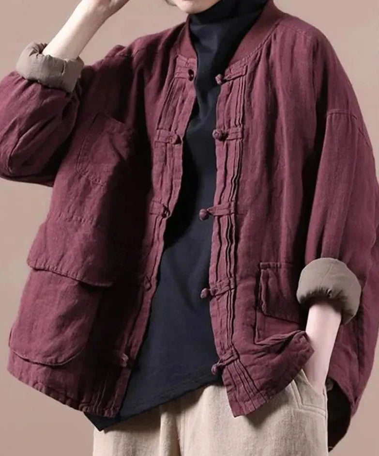 Quilted Ethnic Style Cotton And Linen Coat Mssaz Desses