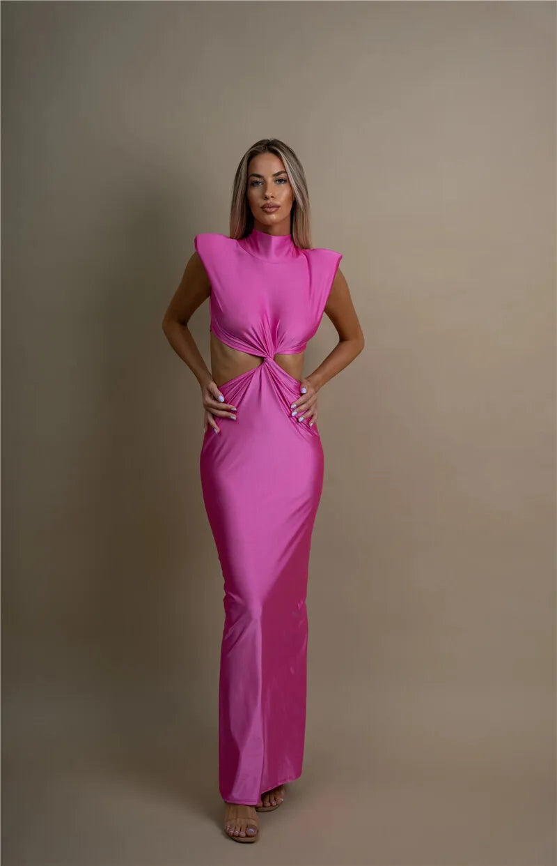 Hollow Out Turtleneck Solid Maxi Dress Mssaz Desses