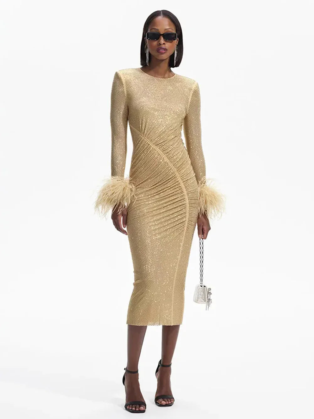 Long Sleeve Feathers Rhinestone Midi Dress Mssaz Desses