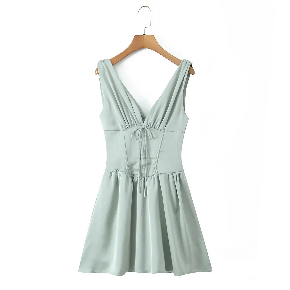 Stain Pleated Ruched Strap Bow Folds Hem Mini Dress Mssaz Desses