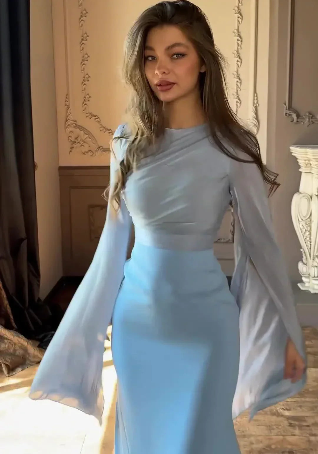 Patchwork Draped Long Sleeve Maxi Dress Mssaz Desses