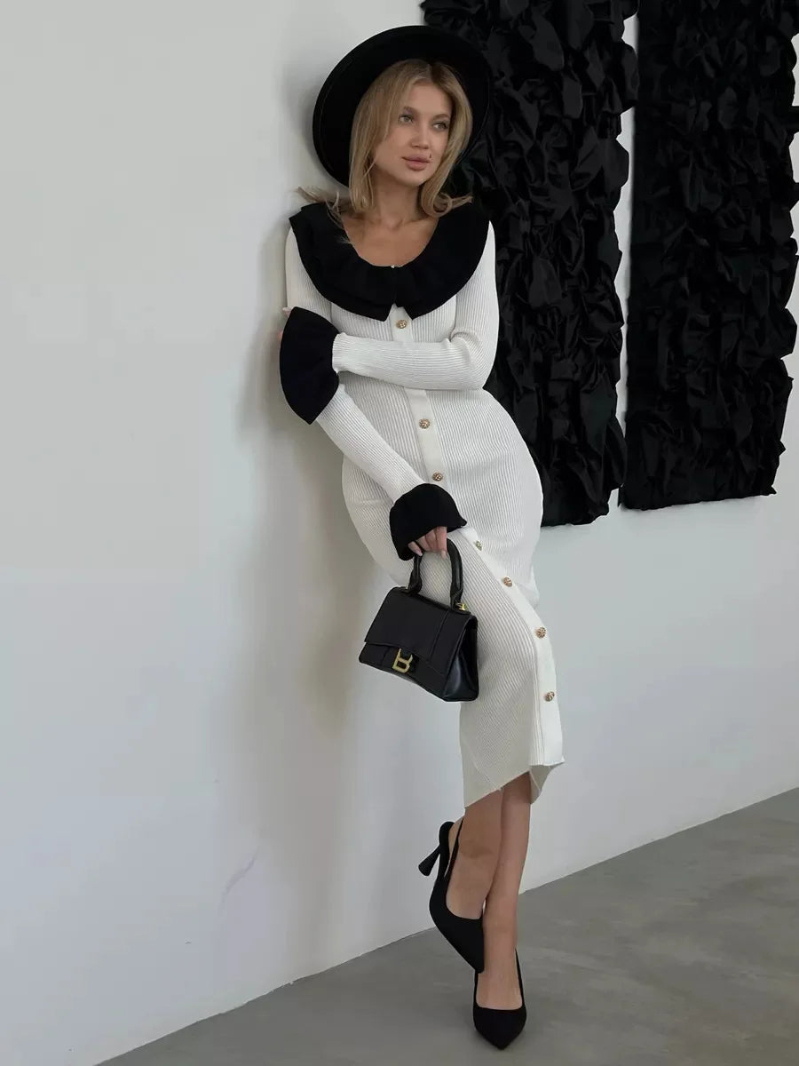 Patchwork Contrast Ribbed Midi Dress Mssaz Desses
