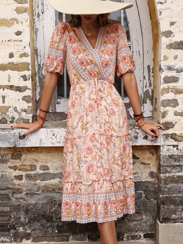 Bohemian Print V-neck HolidayChiffon Dress Mssaz Desses
