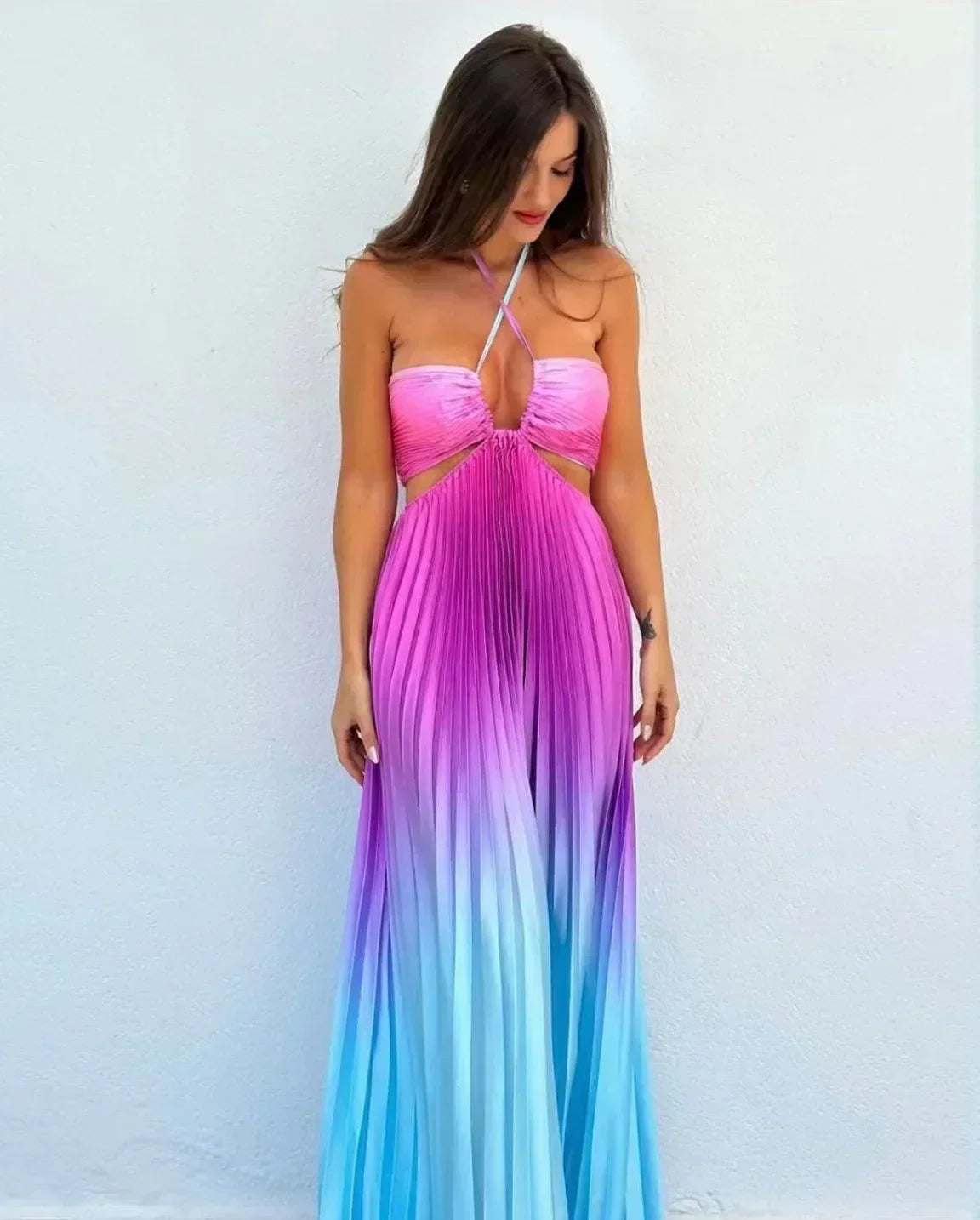 Satin Gradient Pleated Sleeveless Maxi Dress Mssaz Desses
