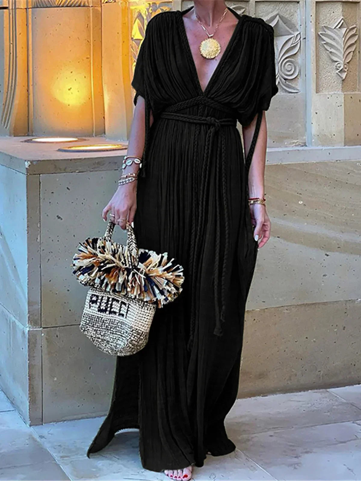 Solid Split Pleated Bandage Long Dress Mssaz Desses