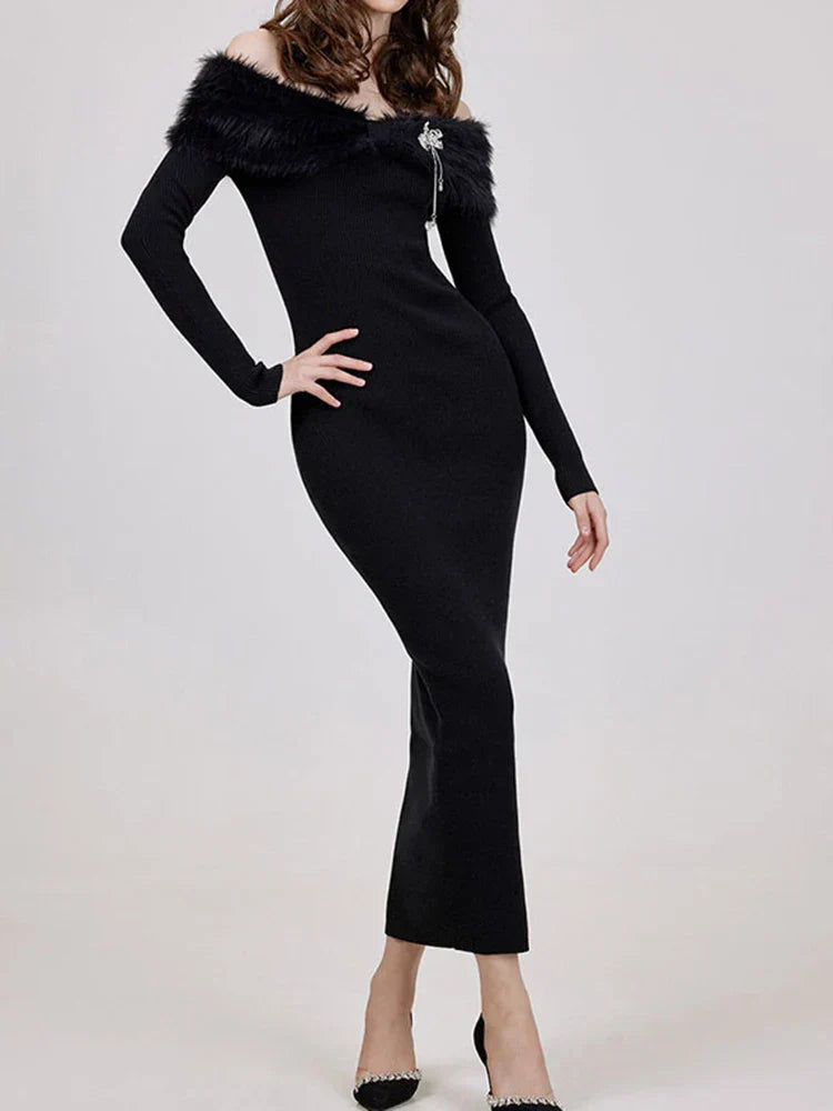 Patchwork Fur Collar Slash Neck Diamond Dress Mssaz Desses