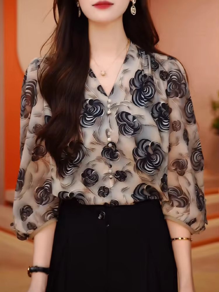Flowers V-neck  Stylish Sweet Ruffles Spliced Loose Shirt Mssza