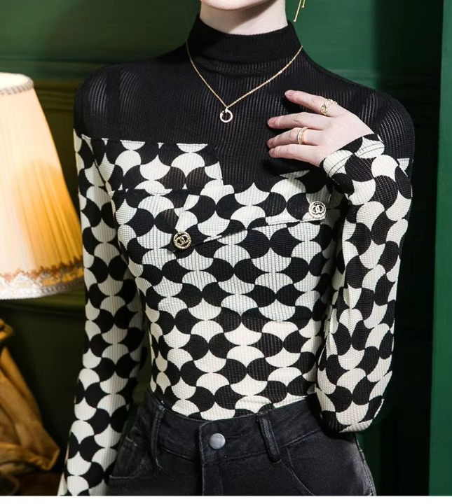 Printed Casual Half High Collar Spliced  Korean Slim Long Sleeve Printed T-shirt Mssza