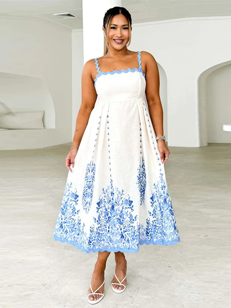 Square Collar Print Flower Sling Long Dress Mssaz Desses