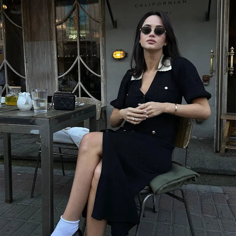 Ribbed Contrast Collar Short Sleeve Buttoned Midi Dress Mssaz Desses