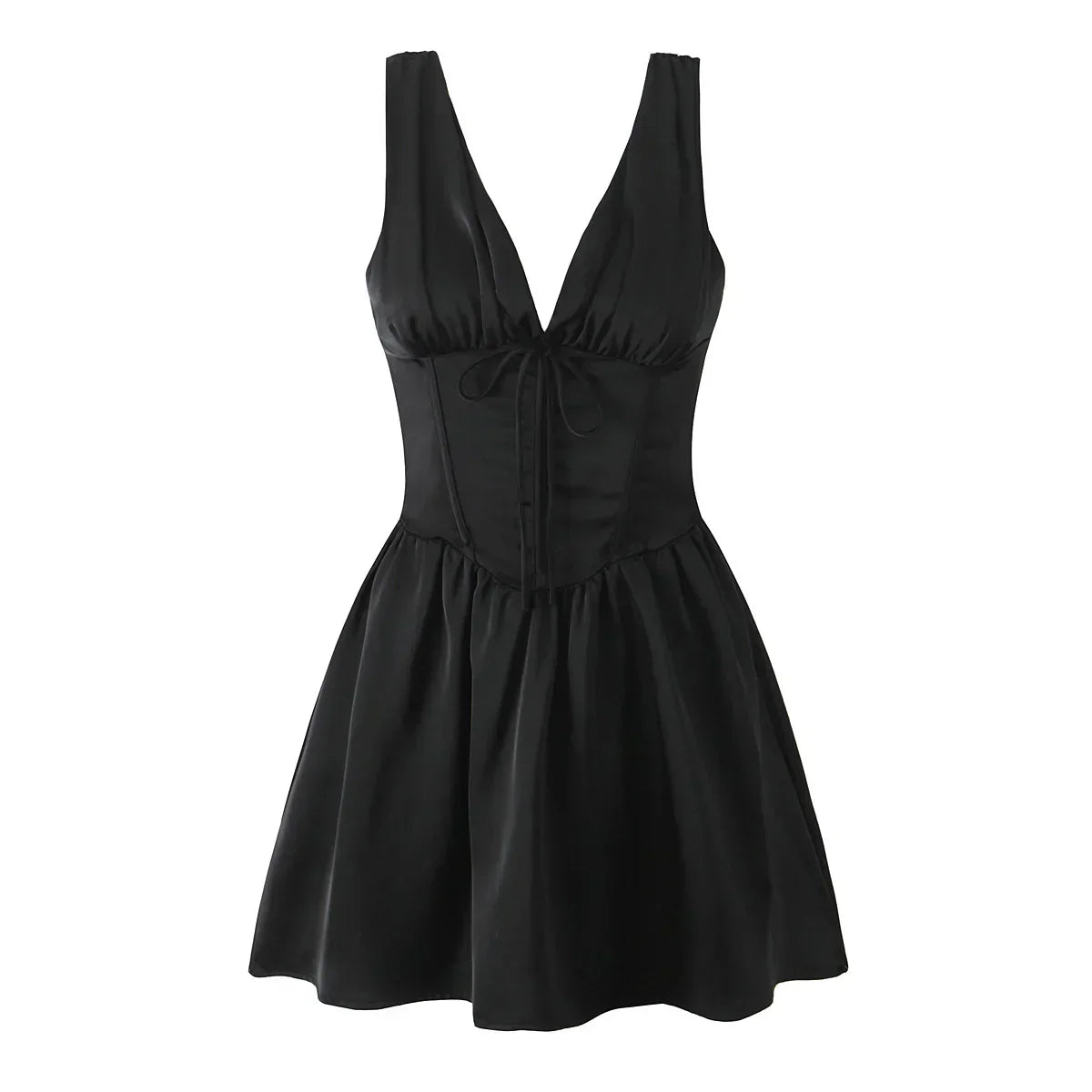 Stain Pleated Ruched Strap Bow Folds Hem Mini Dress Mssaz Desses