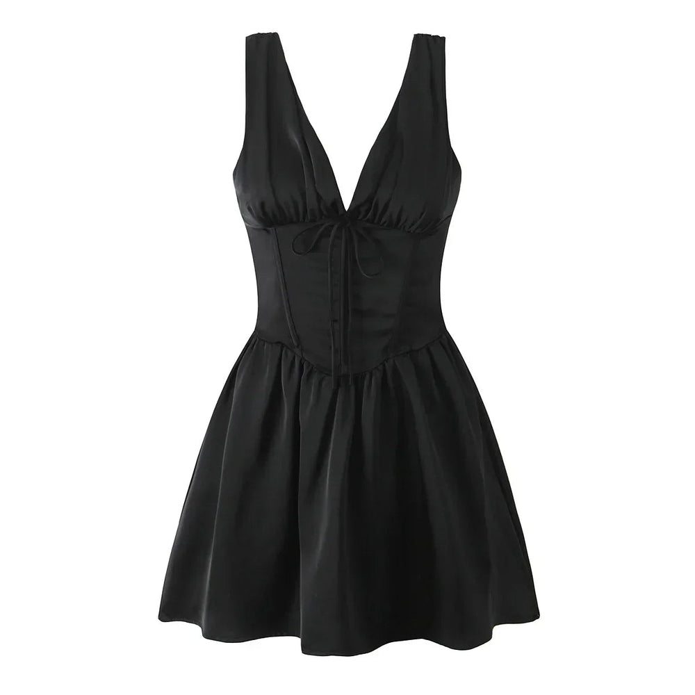 Stain Pleated Ruched Strap Bow Folds Hem Mini Dress Mssaz Desses