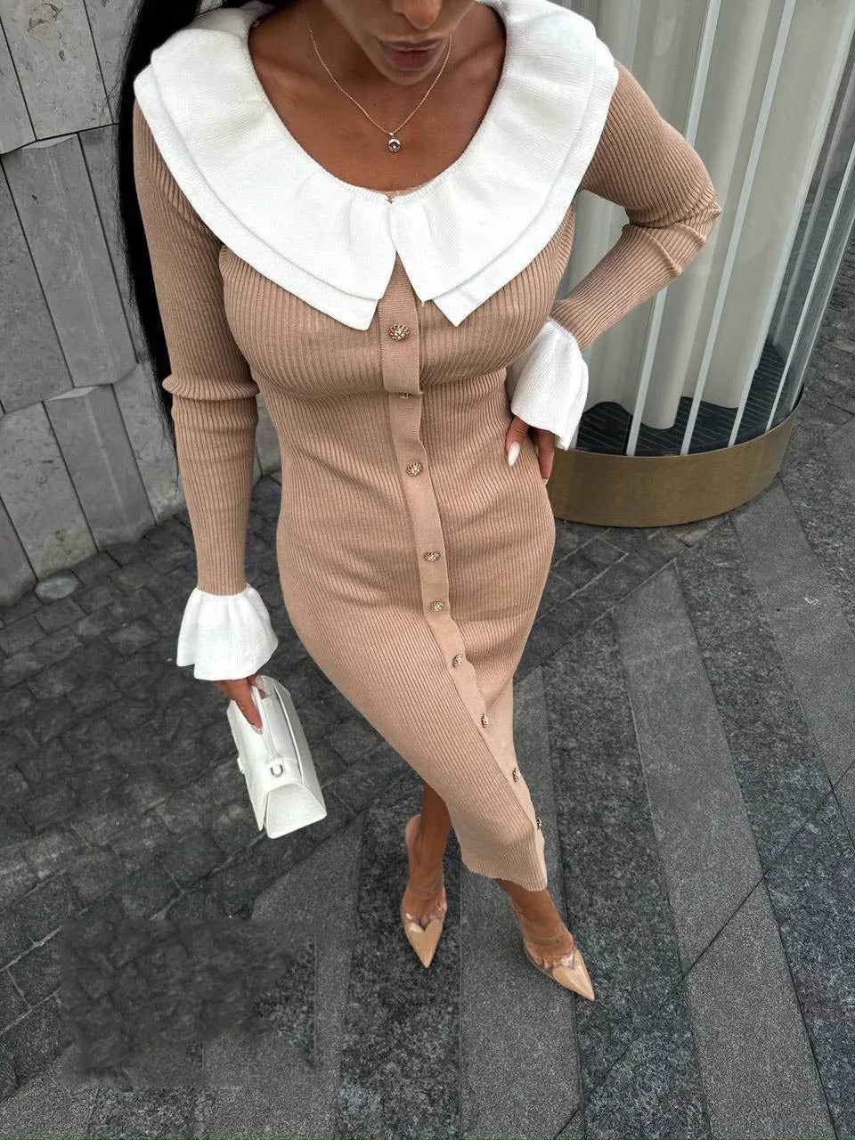 Patchwork Contrast Ribbed Midi Dress Mssaz Desses