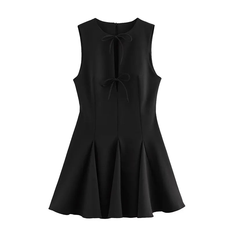 Hollow Out Bow Solid Sleeveless Pleated Dress Mssaz Desses