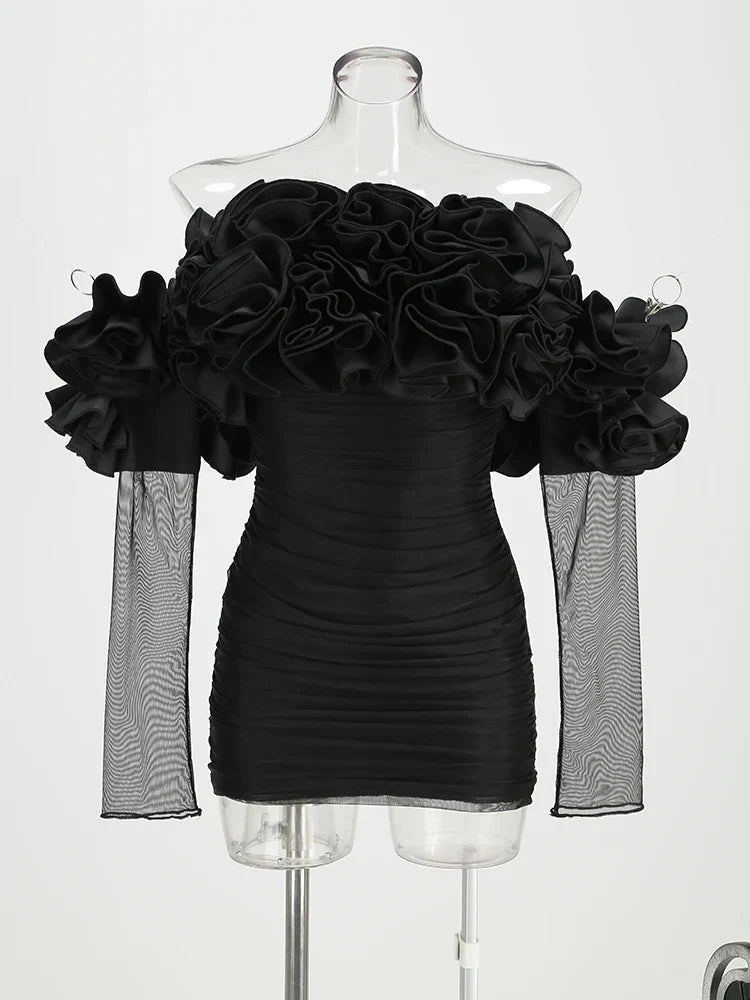 Black Mesh Full Sleeve Ruffles Mini Dress Mssaz Desses