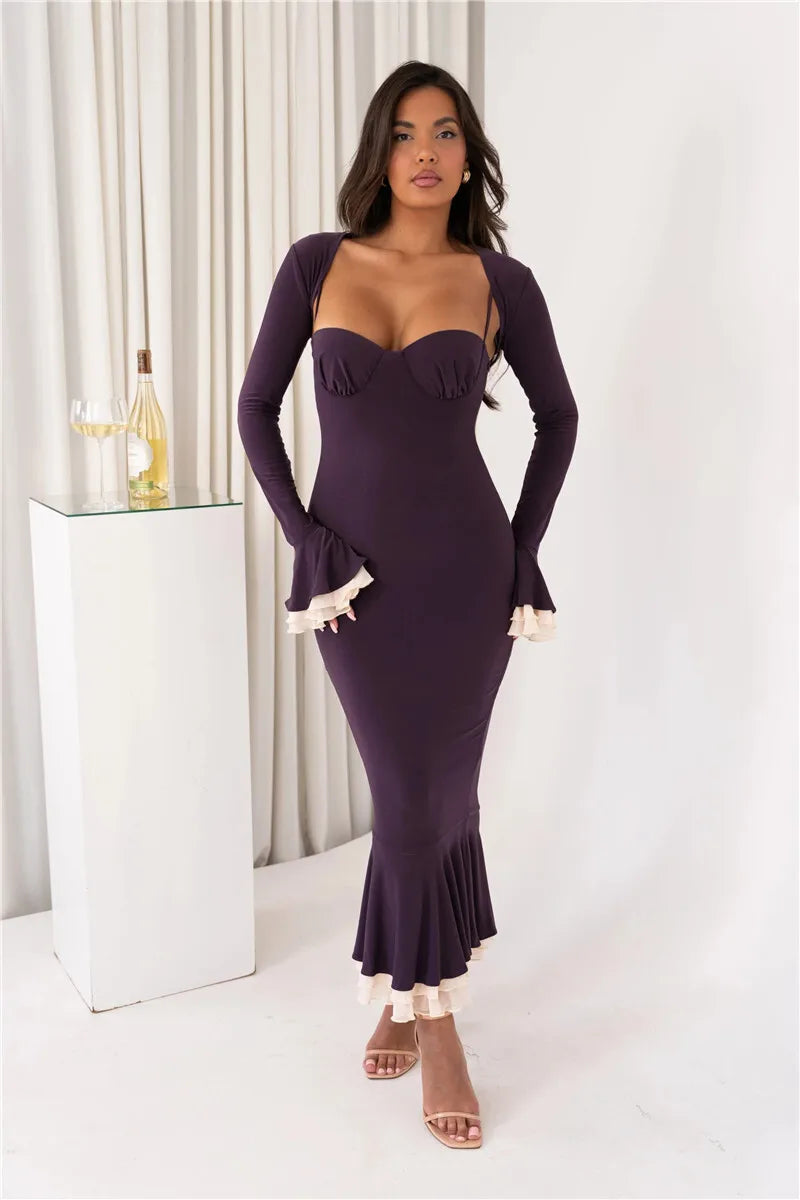 Patchwork Square Collar Evening Fishtail Dress Mssaz Desses