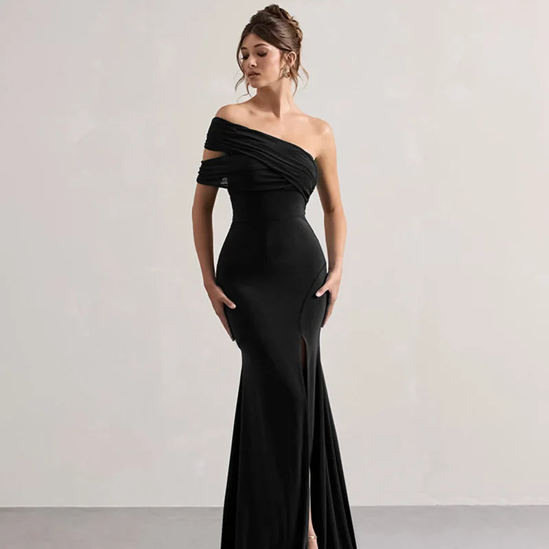Solid One Shoulder Mesh Slit Long Dress Mssaz Desses