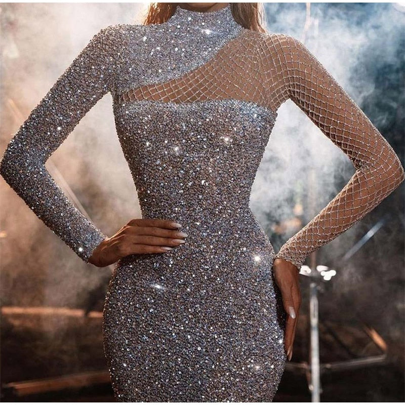 Sequins Glitter Solid Slim Half High Collar Long Sleeve Dress Mssaz Desses