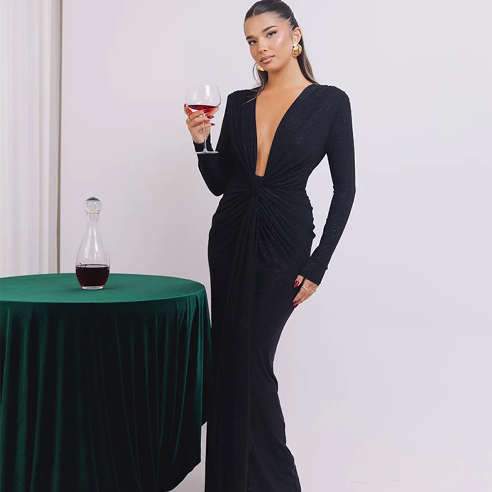 Elastic Deep V-Fold Lace Maxi Dress Mssaz Desses