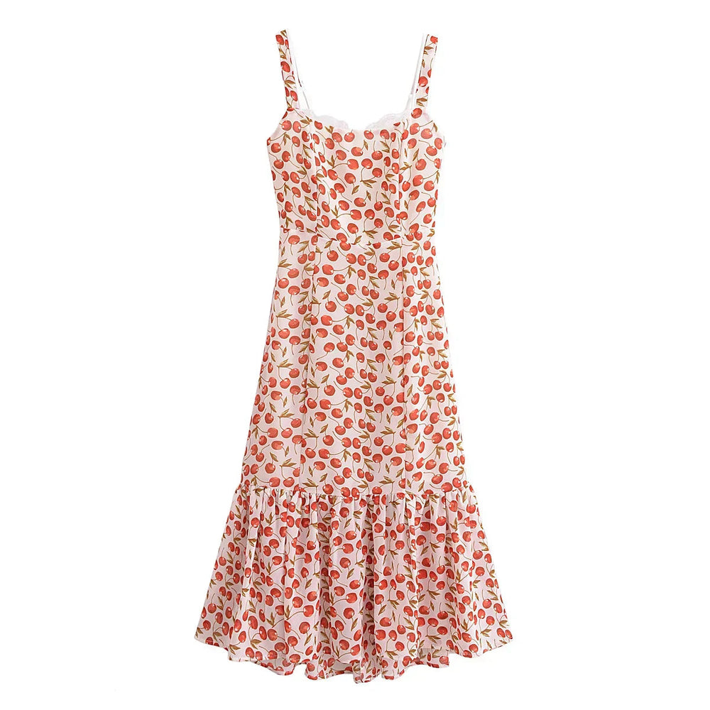 Cherry Print Ruffles Hem Trumpet Midi Dress Mssaz Desses
