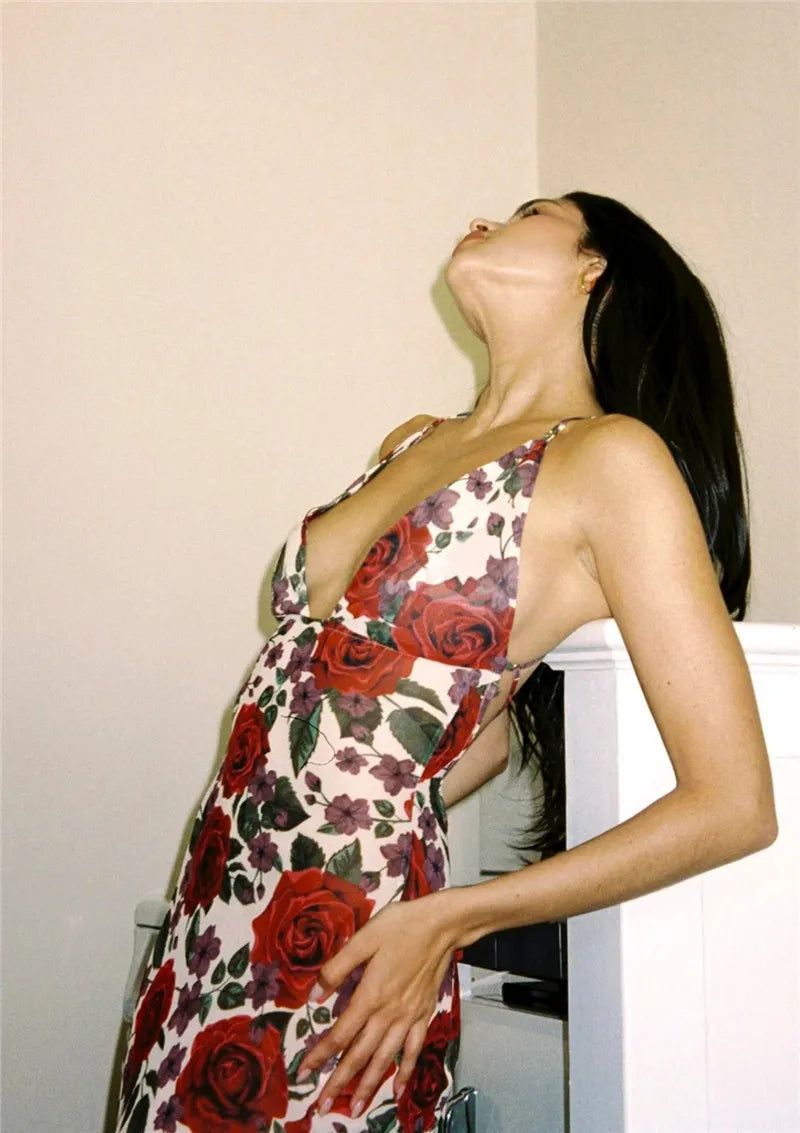 Red Floral Maxi Dress with Cowl Neck & Tie Back Mssaz Desses
