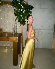 Backless Satin Slant Shoulder Solid Slit Long Dress Mssaz Desses