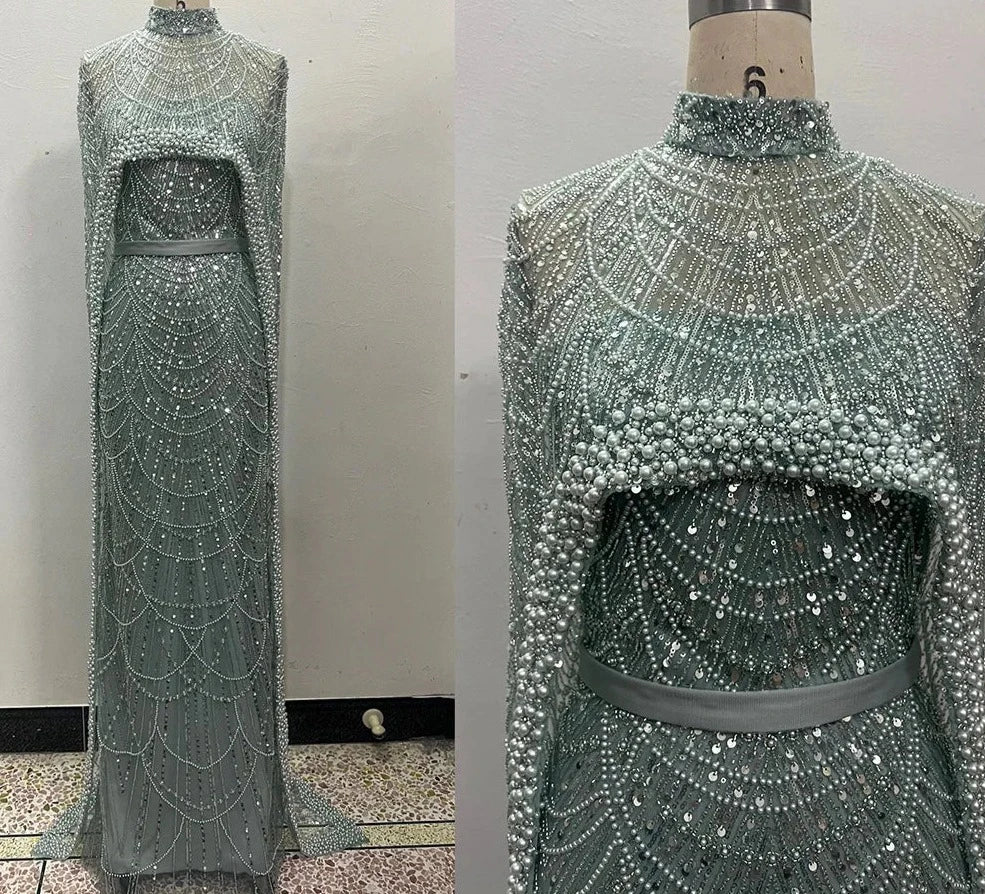 Pearls Mermaid Wedding Party Prom Dresses With Cape Mssaz Desses