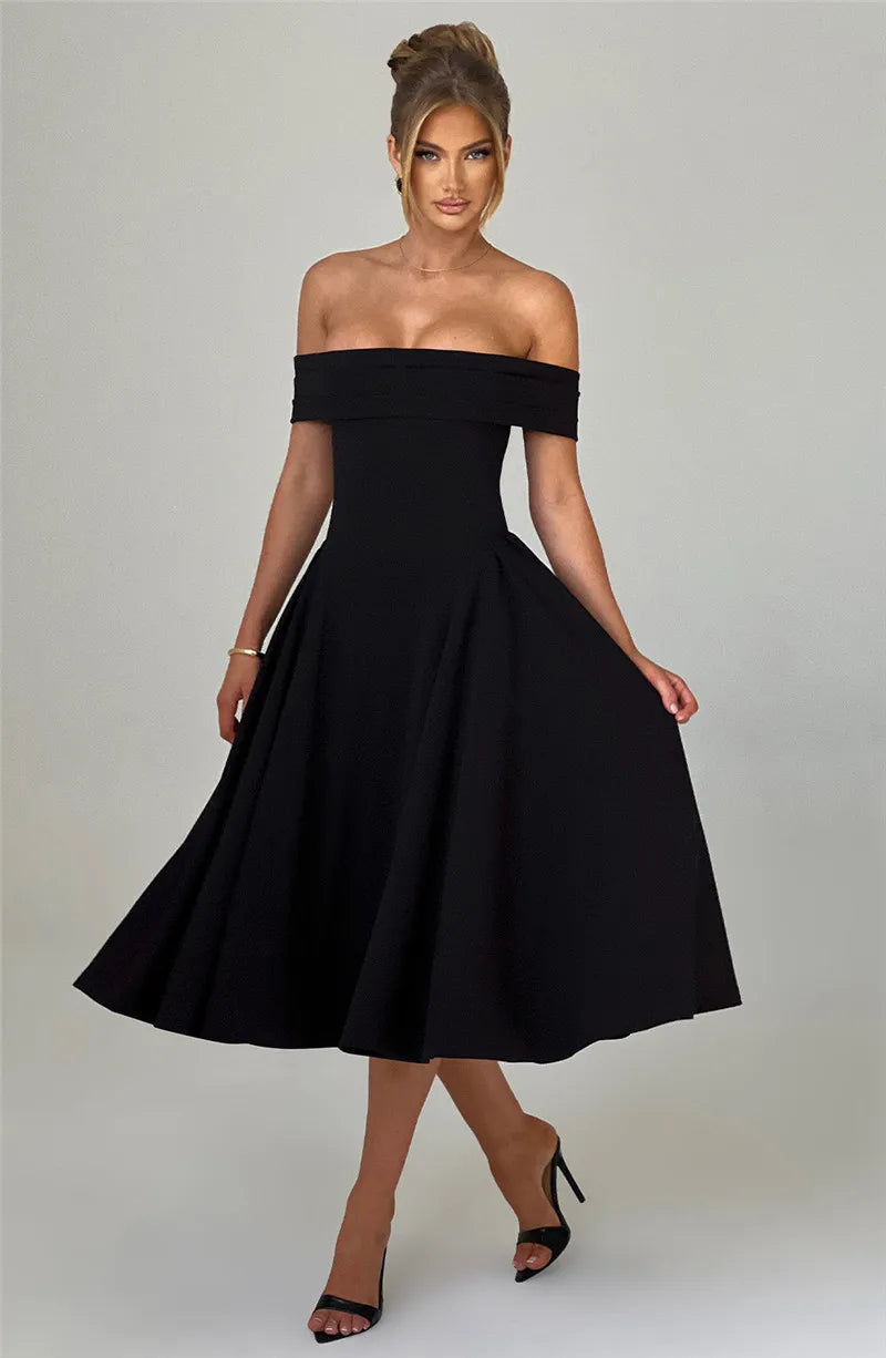 Off-Shoulder Flare Midi Dress Mssaz Desses