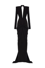Deep V Neck Long Sleeves Black Maxi Dress Party Gown Mssaz Desses