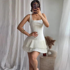 Square Collar Sleeveless Pleated Short Dress Mssaz Desses