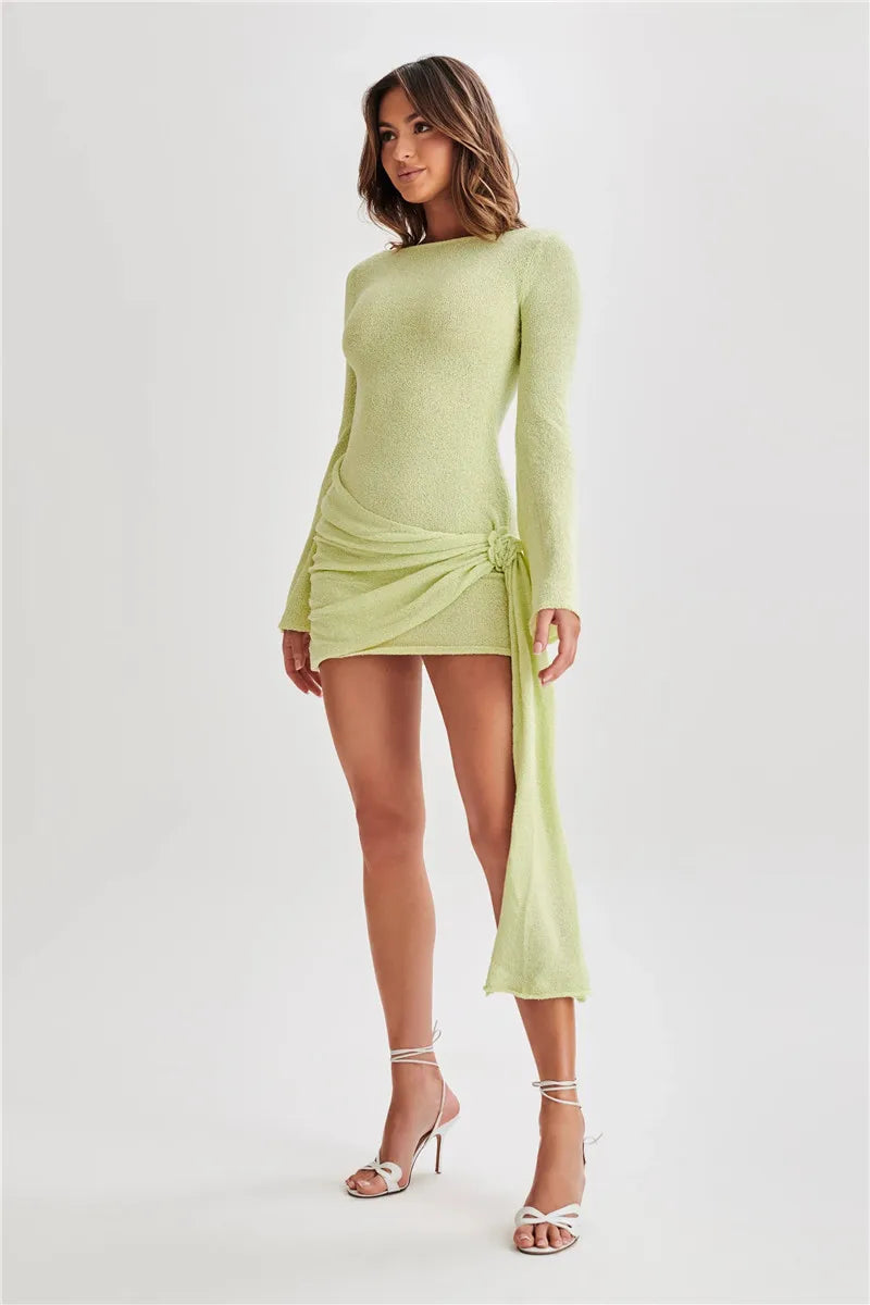 Floral Draped Open Back Knit Long Sleeve Mini Dress Mssaz Desses